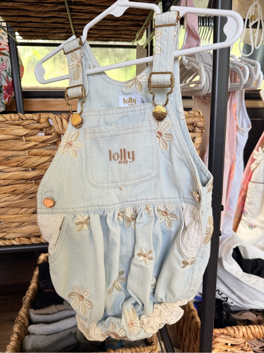 solly baby Light Blue Embroidered Floral Denim Overalls